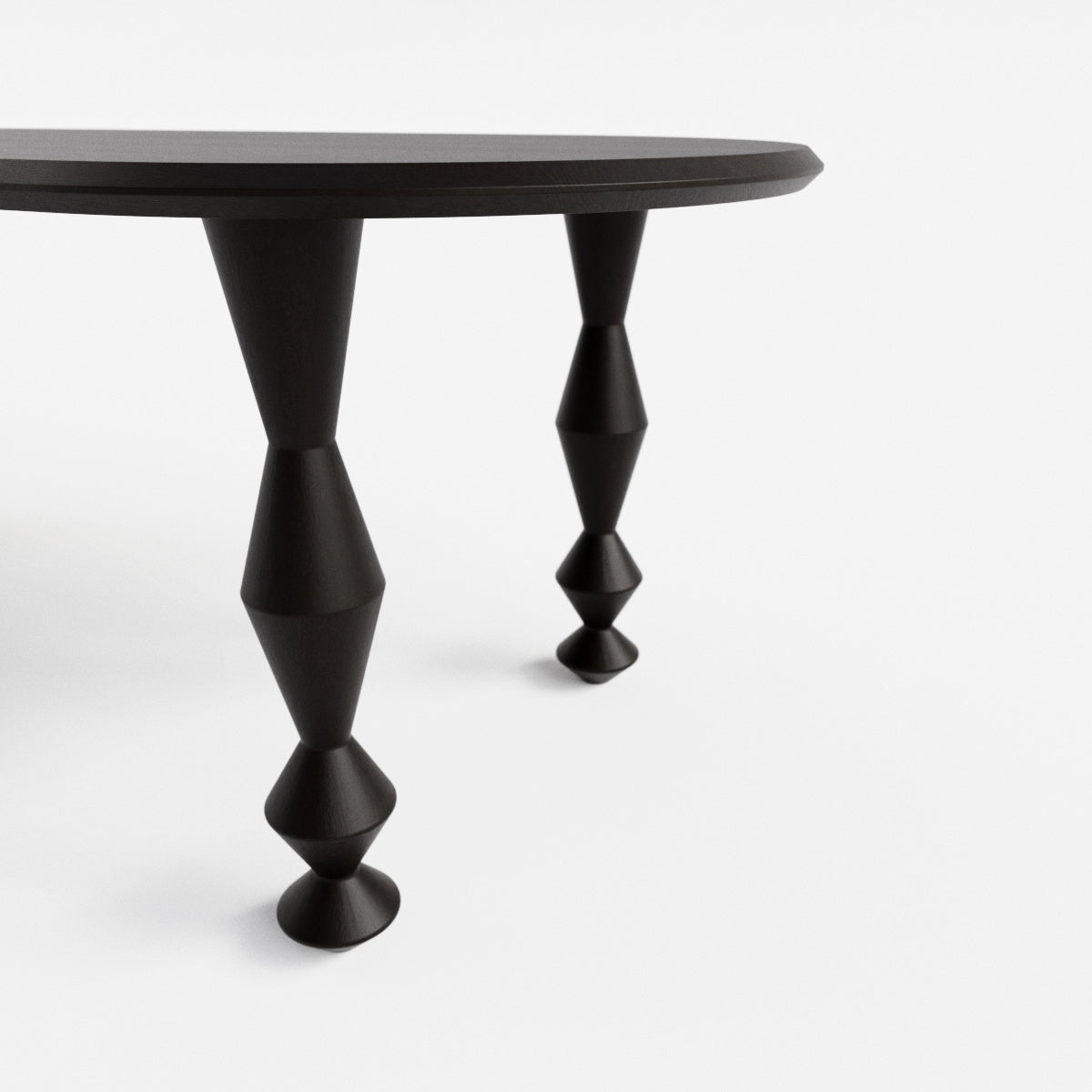 side view of Black dining table with bead shaped legs