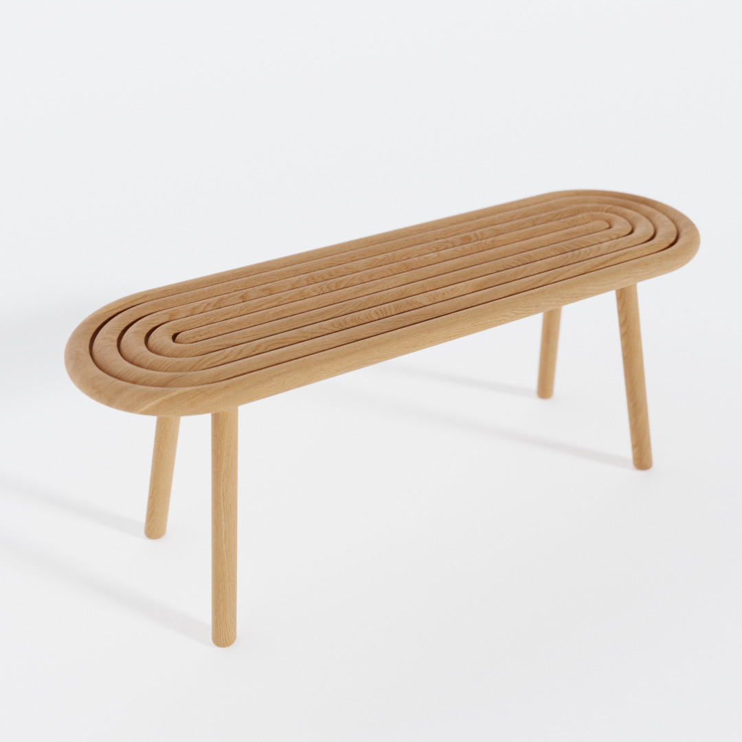 Ripple Bench in natural oak with unique ripple design 